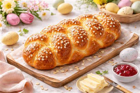 Osterzopf frisch gebacken auf Kaffeetisch