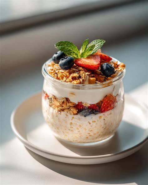 Overnight Oats Schoko-Banane im Glas mit frischen Früchten