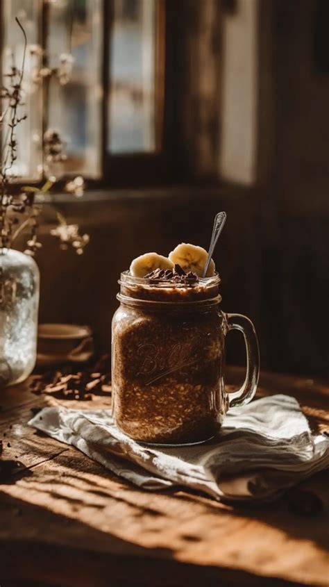 Overnight Oats im Glas mit Kakaopulver und Nüssen