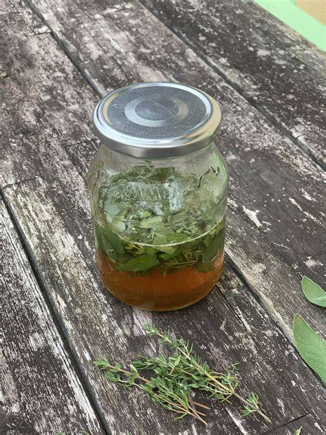 Oxymel in Glas mit Kräutern