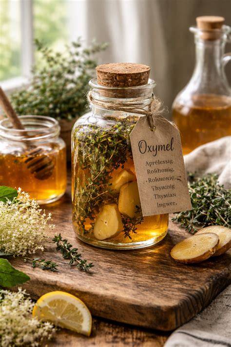 Oxymel mit Honig und Apfelessig neben Kräutern
