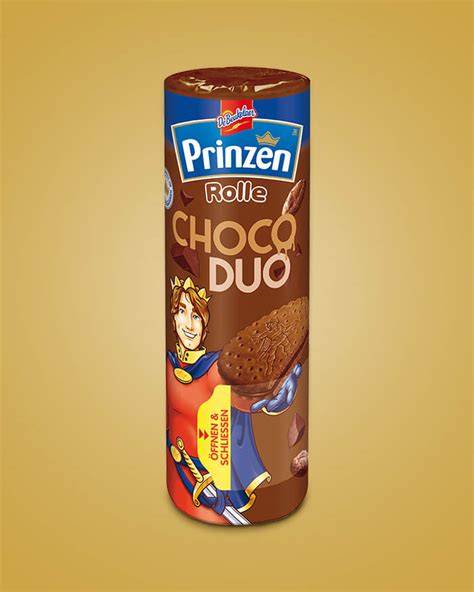 Packshot und Querschnitt: Prinzen Rolle Schoko (Doppelkeks, Füllung, Wiederverschluss)