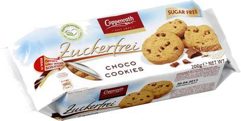 Packung Coppenrath Zuckerfrei Choco Cookies und hervorgehobene Angabe „zuckerfrei“