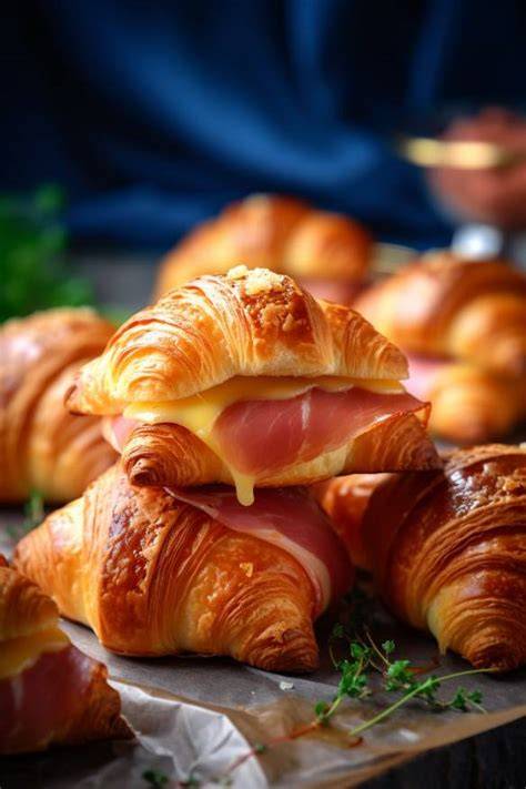 Packung Croissantteig, Schinken und Käse auf Schneidebrett