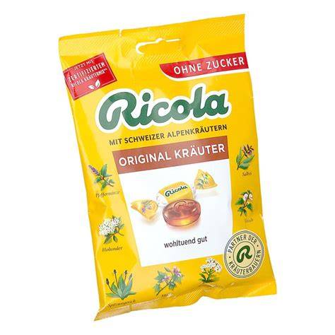 Packung Ricola zuckerfreie Bonbons und verschiedene Kräuter