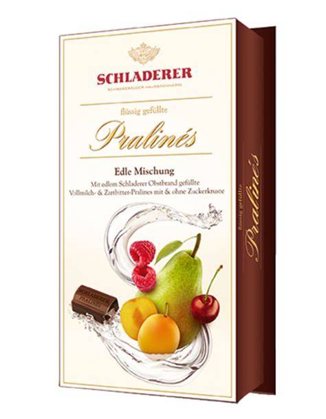 Packung Schladerer Pralinen Edle Mischung und sortierte Pralinés aufgeschnitten