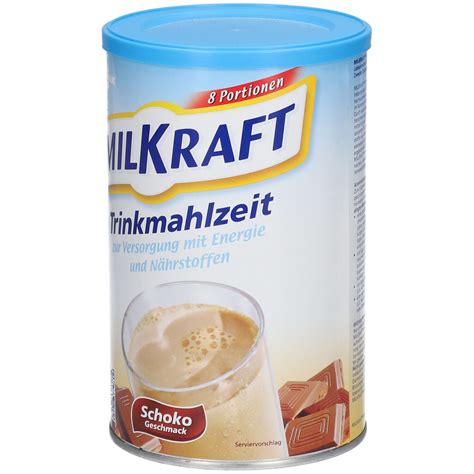 Packung und Glas: Milkraft Trinkmahlzeit Schoko Pulver, Nährwertangaben, Messlöffel