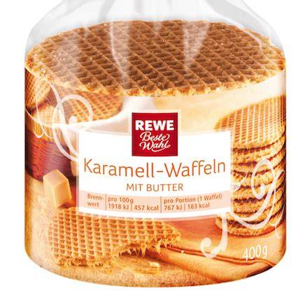 Packungsabbildung und Nährwerttabelle REWE Beste Wahl Karamell Waffeln