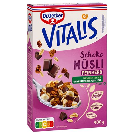 Packungsabbildung und Zutatenübersicht Vitalis Schoko Müsli feinherb