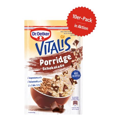 Packungsabbildung und Zutatenliste Dr. Oetker Vitalis Porridge Schokolade