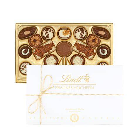 Packungsansicht Lindt Pralines Hochfein 200g und Sortenübersicht
