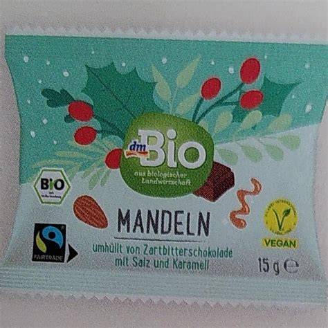 Packungsansicht und Nährwerttabelle dmBio Schoko Karamell Mandeln