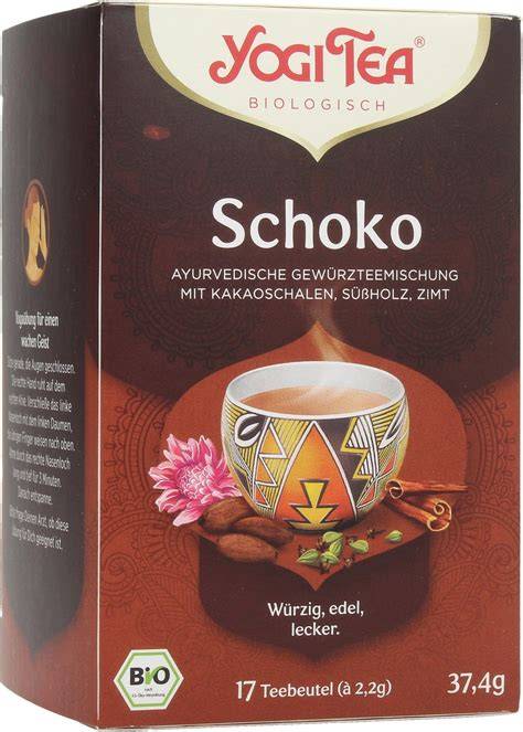 Packungsbild und Zutatenliste des YOGI TEA Bio Gewürzteemischung Schoko