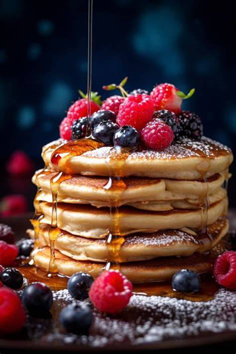 Pancake-Stapel mit Ahornsirup und Beeren
