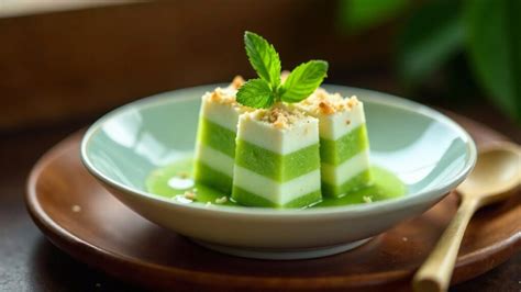 Pandanblätter und grüne Puddings