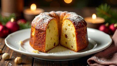 Panettone mit Schokoladenstücken und Haselnüssen aufgeschnitten