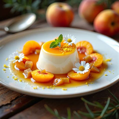Panna Cotta mit Nektarinen und Blütengarnitur