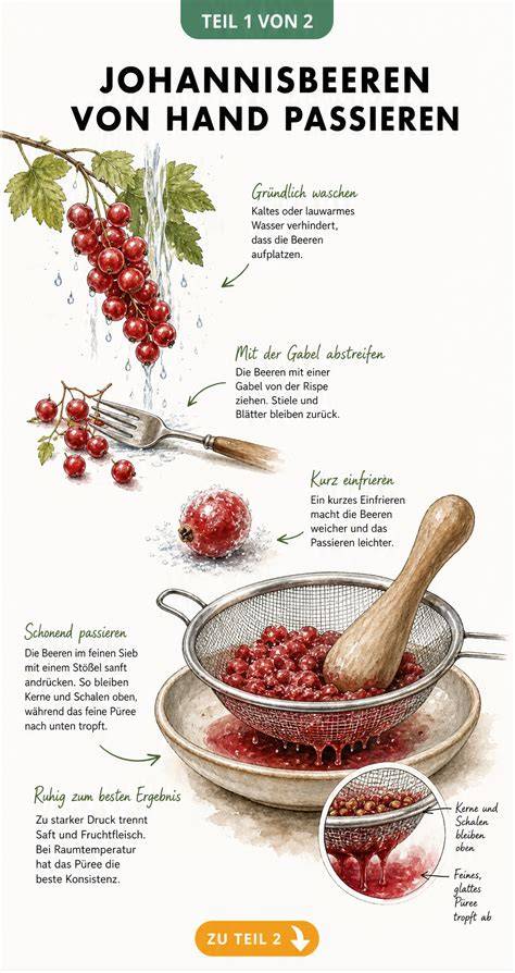 Passieren von Johannisbeeren durch Sieb über Topf
