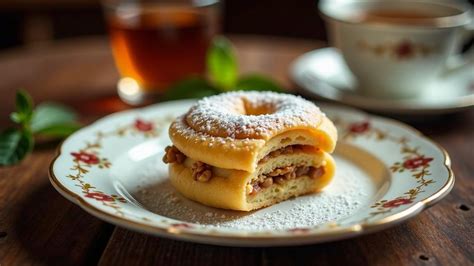 Persische Kekse auf Adventstafel mit Tee und Nuss-Schälchen