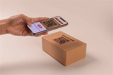 Person scannt Prospekt mit Smartphone