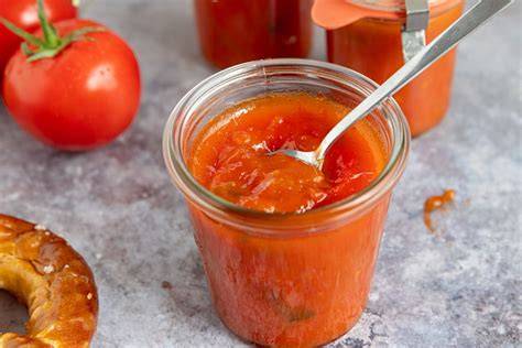 Pfanne mit einkochender Tomatenmarmelade und Vanilleschote
