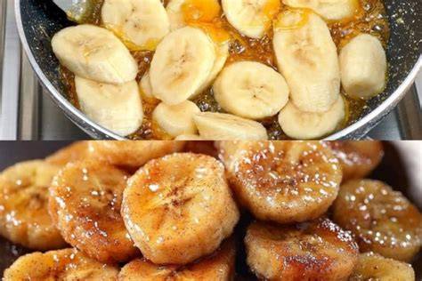 Pfanne mit gebratenen Bananen und Zimt