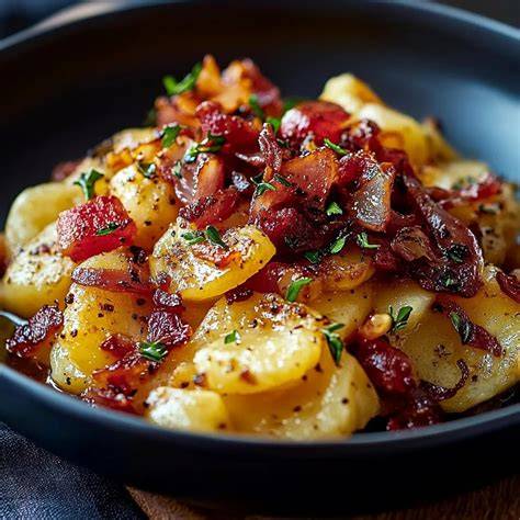 Pfanne mit karamellisierten Zwiebeln und Speck während des Einkochens
