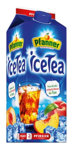 Pfanner IceTea Pfirsich Flasche und Glas mit Eis