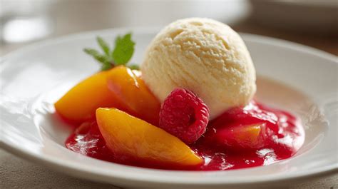 Pfirsich Melba - Das fertige Dessert: pochierter Pfirsich, Himbeersauce und Vanilleeis
