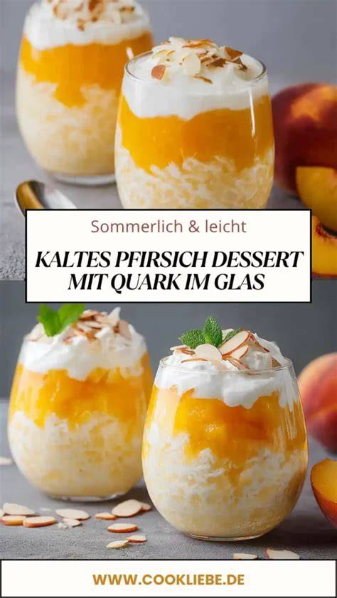 Pfirsich-Dessert im Glas, geschichtet mit Quarkcreme und Pfirsichpüree