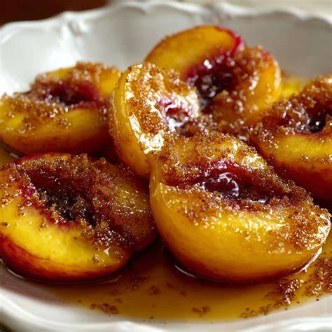 Pfirsich-Himbeer-Mascarpone-Dessert vor dem Servieren, bestreut mit braunem Zucker