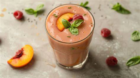 Pfirsich-Himbeer-Smoothie mit frischem Basilikum
