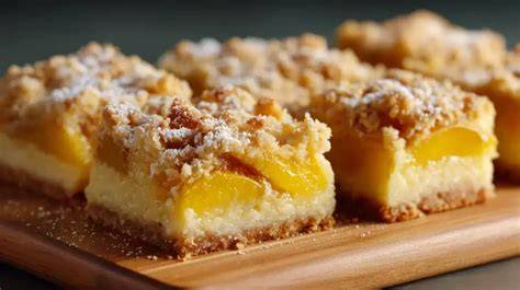 Pfirsich-Quark-Kuchen auf dem Blech, angeschnitten