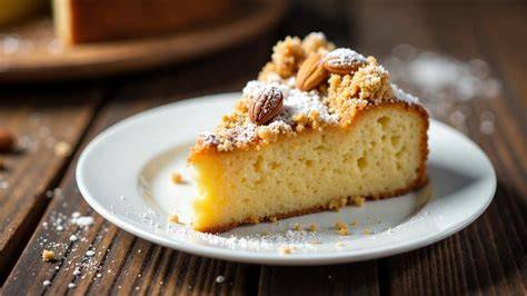 Pfirsich-Schmand-Kuchen mit Zimt-Zucker und gerösteten Mandeln