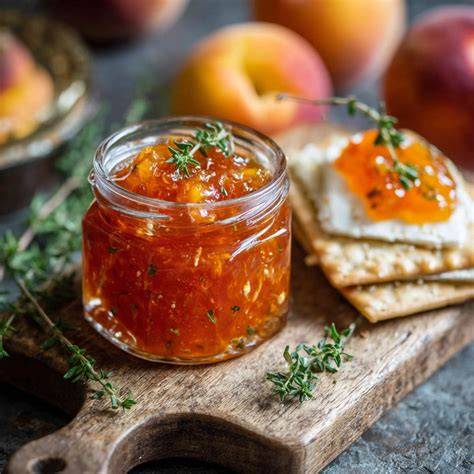 Pfirsichmarmelade mit frischen Früchten, Kräutern und Serviervorschlägen