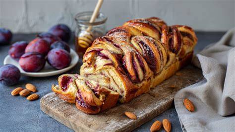 Pflaumen und Marzipan Zutaten auf Schneidebrett
