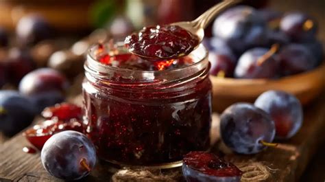 Pflaumen-Marzipan-Marmelade im Glas mit frischen Brötchen