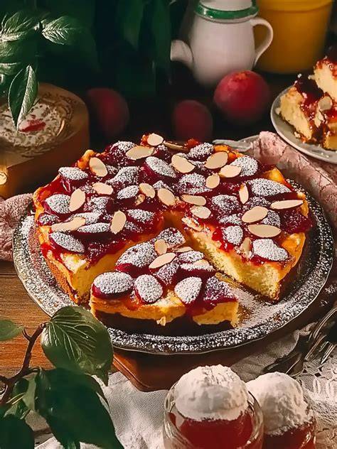 Pflaumenkuchen in Stücke geschnitten mit Deko aus Mandeln und Puderzucker