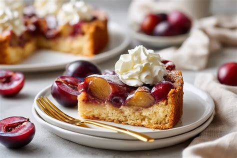 Pflaumenkuchen mit verschiedenen Toppings (Sahne, Mandeln, Zimtzucker)