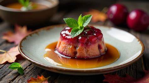 Pflaumenpudding auf Dessertteller mit Vanillesauce