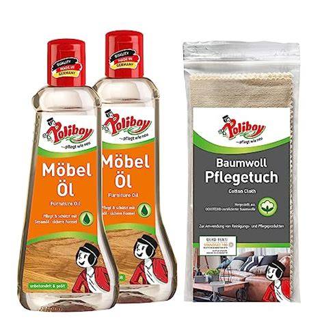 Pflegeutensilien für Holzmöbel: Mikrofasertuch, Holzöl, Baumwolltuch
