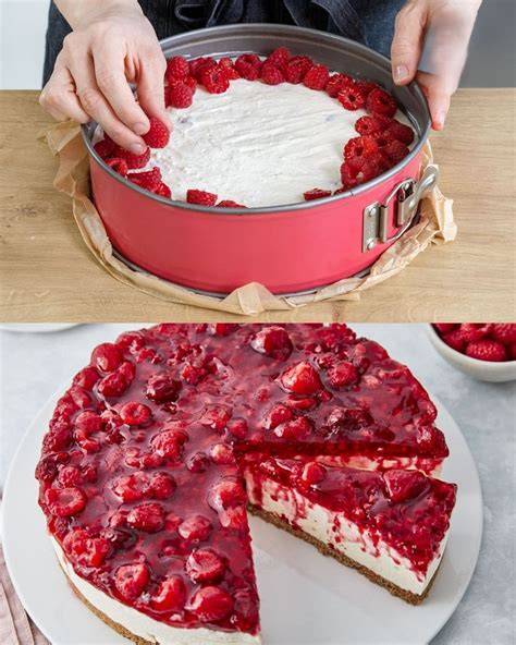 Philadelphia-Torte mit Himbeeren und Minz-Deko
