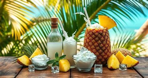 Piña Colada Zutaten ansprechend arrangiert (Ananas, Kokos, Rum)