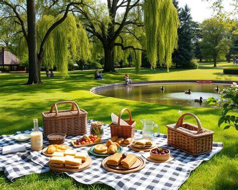 Picknick im Park mit Blechkuchen und Freunden