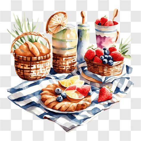 Picknick mit Marmeladengläsern, frischen Sommerbeeren und Baguette im Sonnenschein