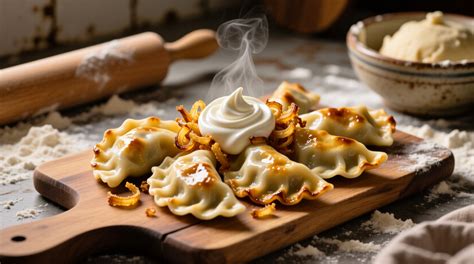 Pierogi mit Mohn-Honig-Füllung auf einer Servierplatte mit Zuckergussdekor