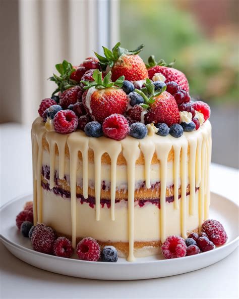 Pistazien-Torte mit Drip und frischen Beeren dekoriert