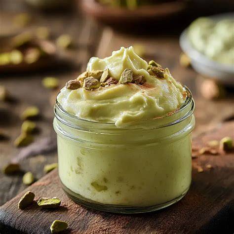 Pistaziencreme im Glas und Pistazien auf Holzbrett