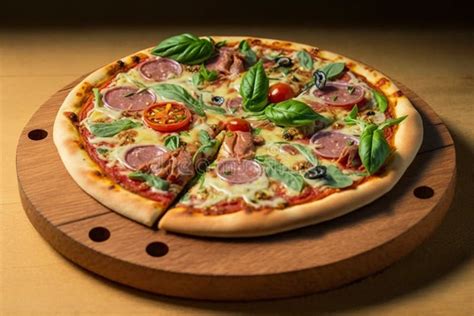 Pizza auf einem Holzbrett, frische Zutaten