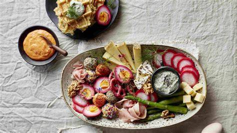 Platte mit goldbraunen Käse-Schinken-Croissants und Dips